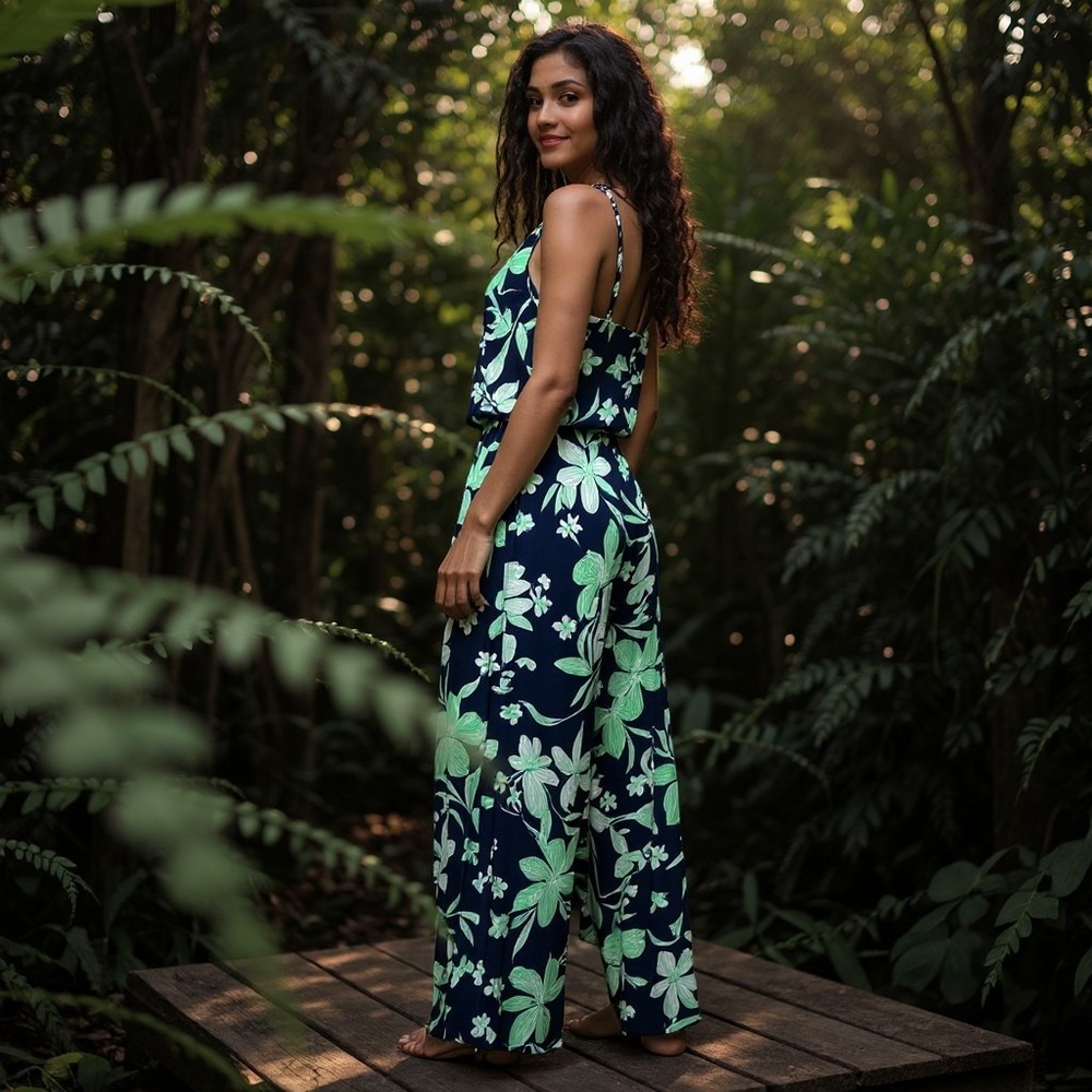 TORI RICHARD Womens Navy Floral Halter Wide Leg Jumpsuit‎ L Beachy Boho-Tropical